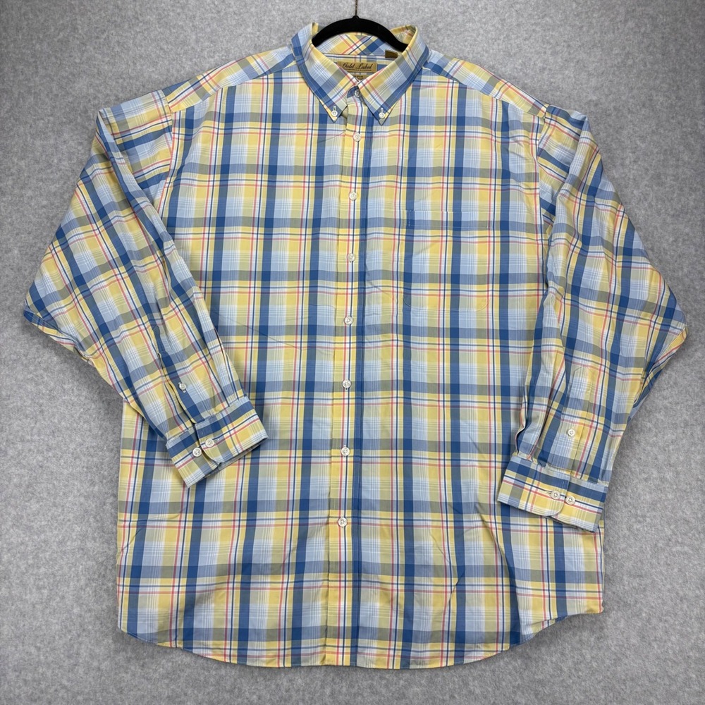 Roundtree & Yorke Gold Label Button Down Mens 3X Yellow Blue Plaid Non Iron